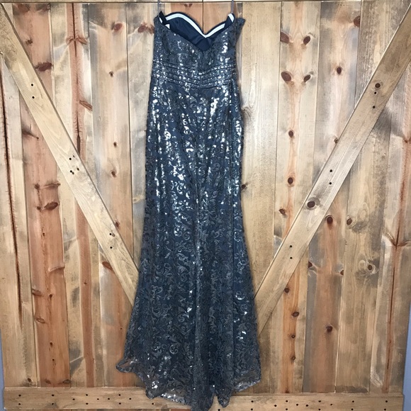 Madison James Strapless Pewter Prom Formal Dress - Picture 4 of 8